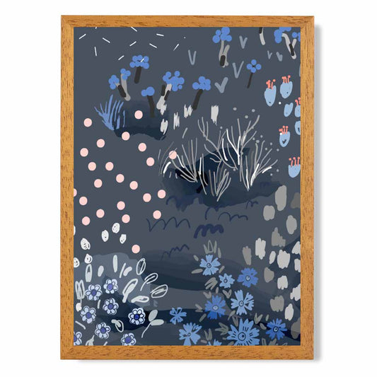 Abstract Floral Blue, Pink Moonlight Garden No 1 Art Print | Wall Art Plaza