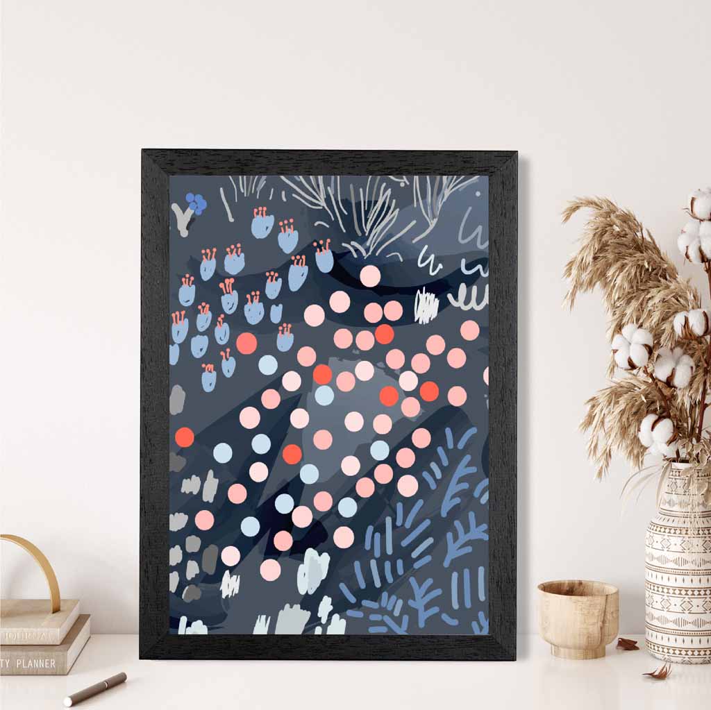 Abstract Floral Blue, Pink Moonlight Garden No 2 Art Print | Wall Art Plaza