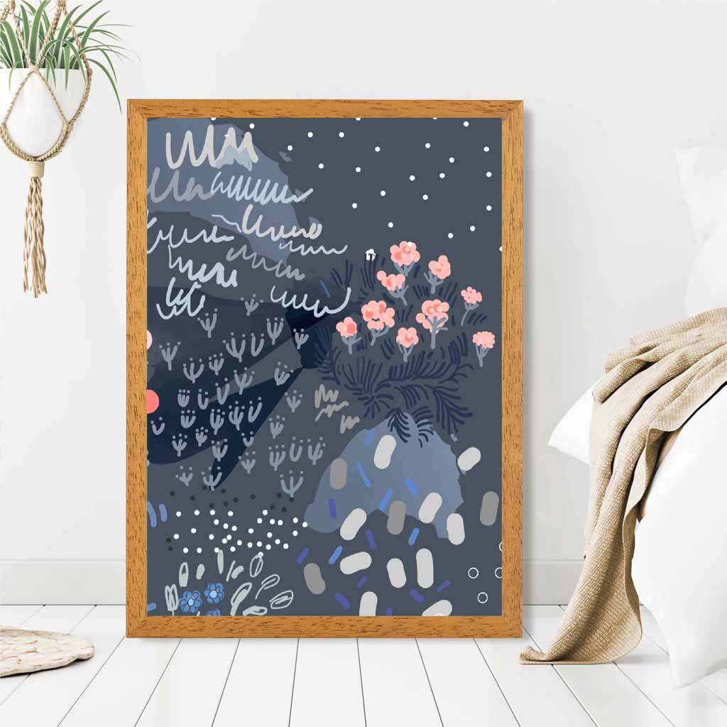 Abstract Floral Blue, Pink Moonlight Garden No 3 Art Print | Wall Art Plaza