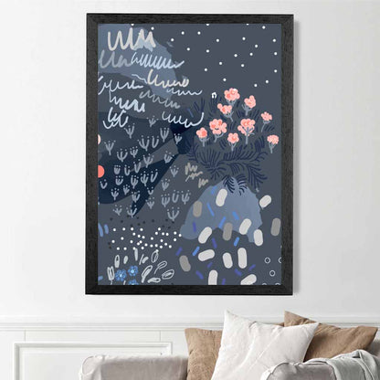 Abstract Floral Blue, Pink Moonlight Garden No 3 Art Print | Wall Art Plaza