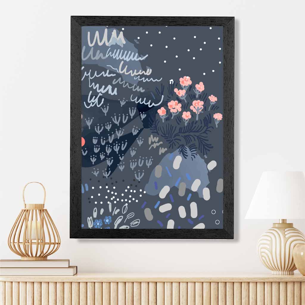 Abstract Floral Blue, Pink Moonlight Garden No 3 Art Print | Wall Art Plaza