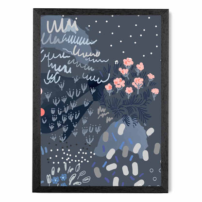 Abstract Floral Blue, Pink Moonlight Garden No 3 Art Print | Wall Art Plaza