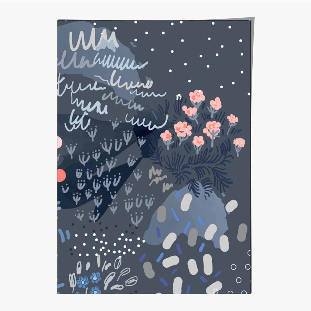 Abstract Floral Blue, Pink Moonlight Garden No 3 Art Print | Wall Art Plaza