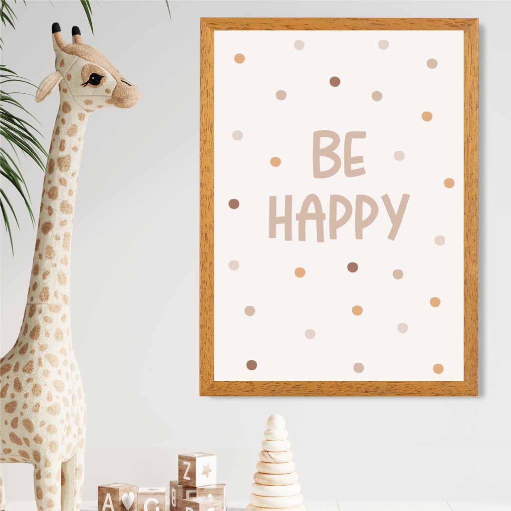 Boho Neutral Beige Be Happy Nursery Print | Wall Art Plaza
