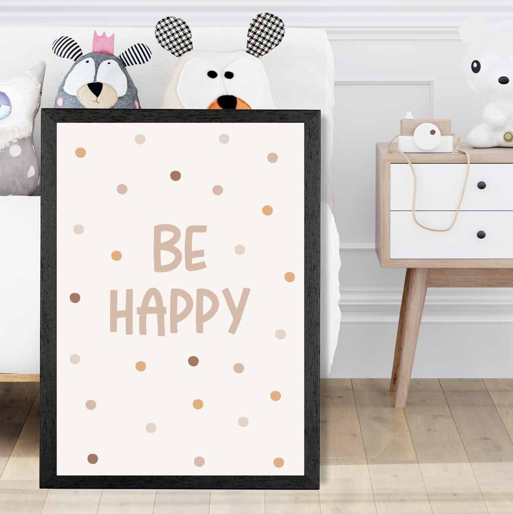 Boho Neutral Beige Be Happy Nursery Print | Wall Art Plaza