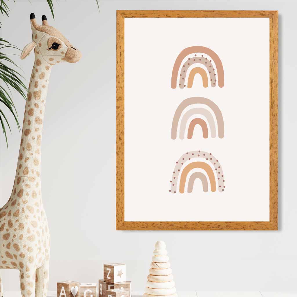 Boho Neutral Beige Three Rainbows Nursery Print | Wall Art Plaza