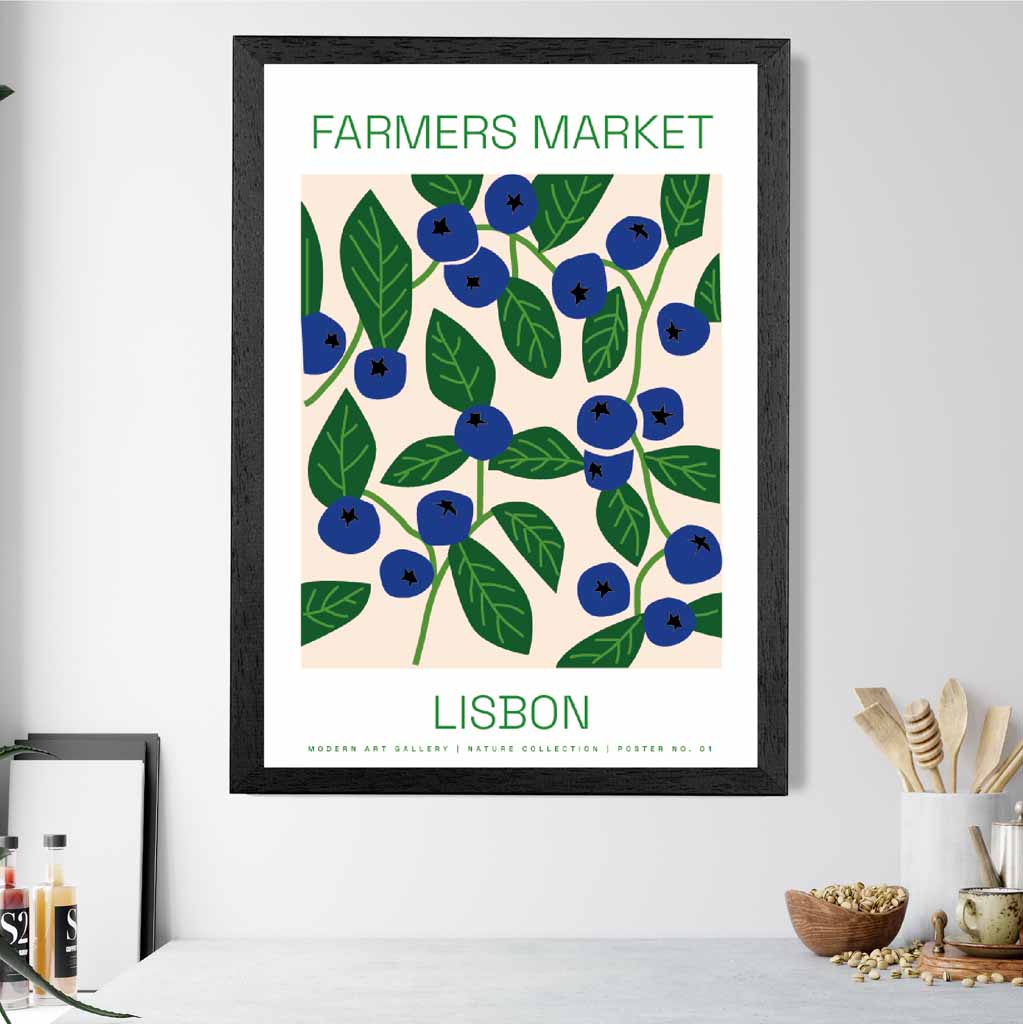 Farmers Market Blue, Green Lisbon Blueberries Kitchen Art Print | Wall Art Plaza