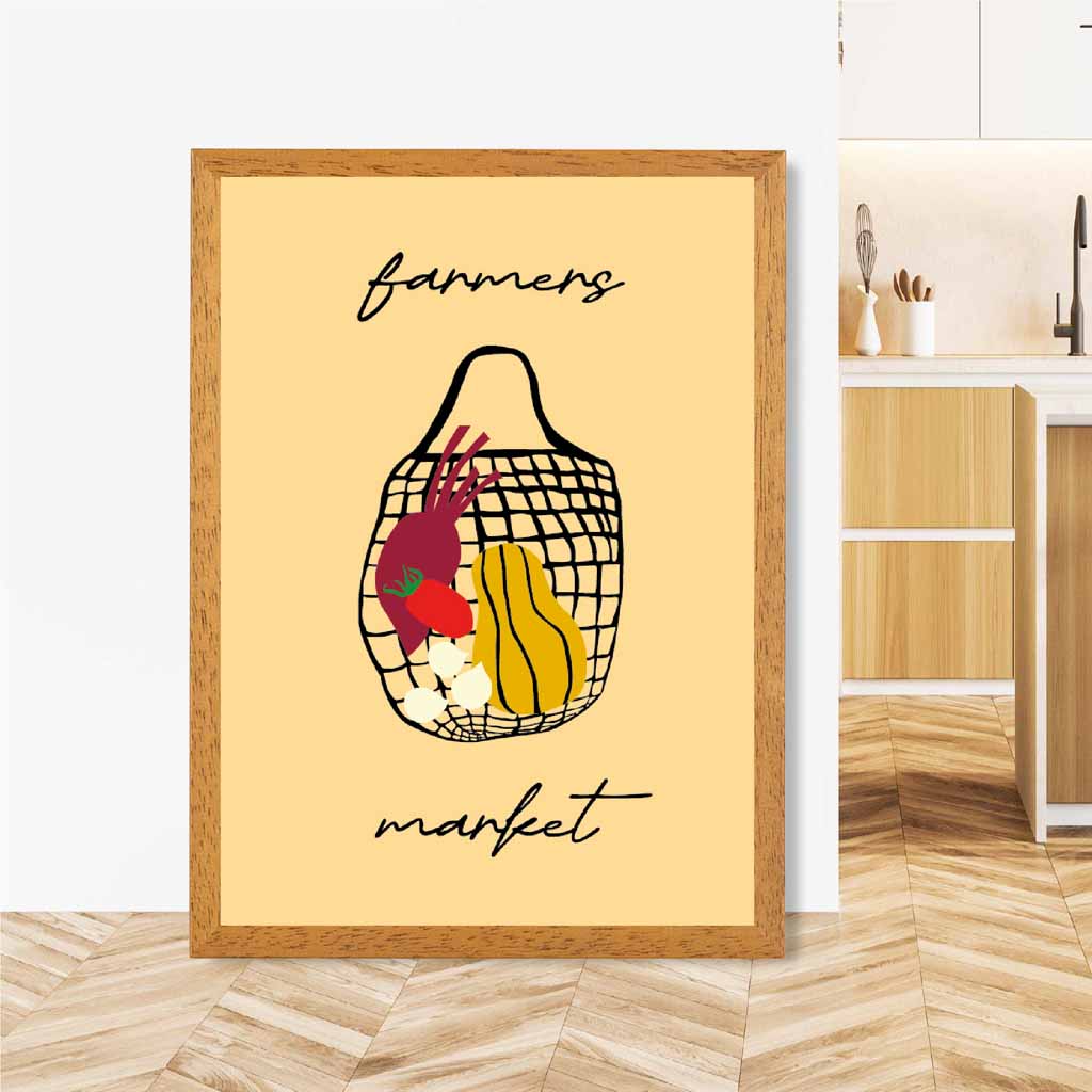 Farmers Market Yellow, Black Veggie Bag Kitchen Art Print | Wall Art Plaza