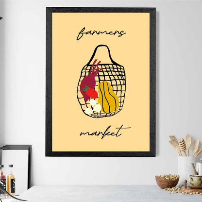 Farmers Market Yellow, Black Veggie Bag Kitchen Art Print | Wall Art Plaza