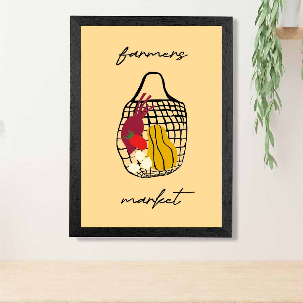 Farmers Market Yellow, Black Veggie Bag Kitchen Art Print | Wall Art Plaza