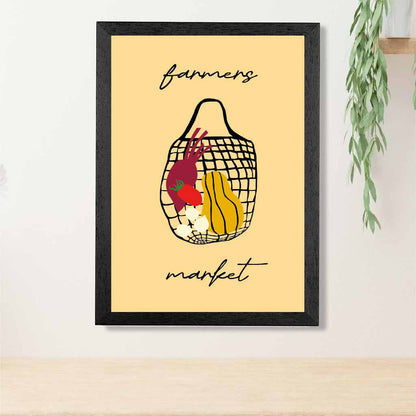 Farmers Market Yellow, Black Veggie Bag Kitchen Art Print | Wall Art Plaza