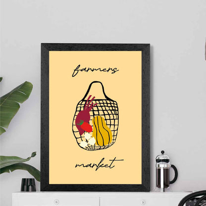 Farmers Market Yellow, Black Veggie Bag Kitchen Art Print | Wall Art Plaza