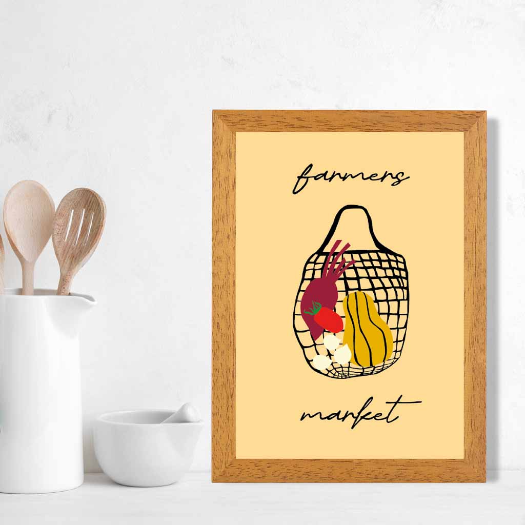 Farmers Market Yellow, Black Veggie Bag Kitchen Art Print | Wall Art Plaza