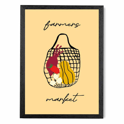 Farmers Market Yellow, Black Veggie Bag Kitchen Art Print | Wall Art Plaza