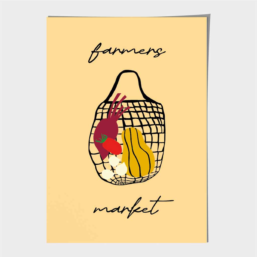 Farmers Market Yellow, Black Veggie Bag Kitchen Art Print | Wall Art Plaza