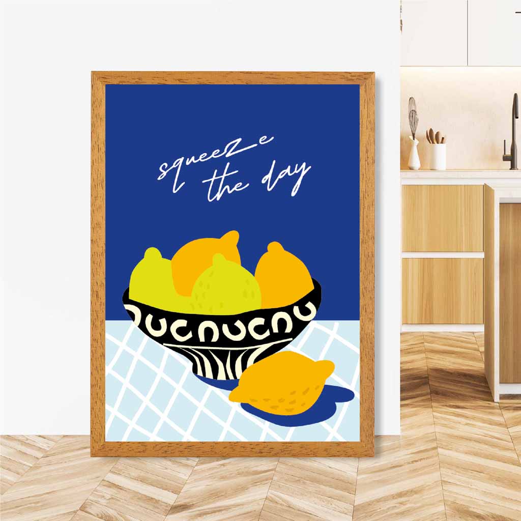 Modern Boho Blue, Yellow Squeeze the Day Kitchen Art Poster | Wall Art Plaza