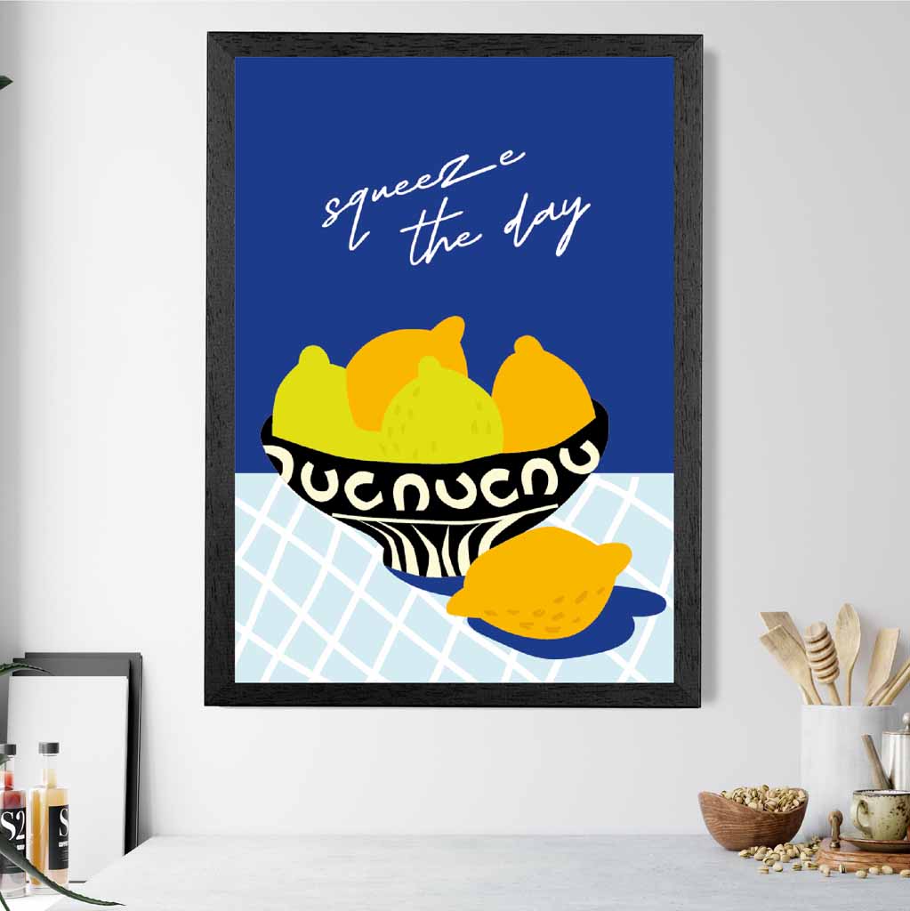 Modern Boho Blue, Yellow Squeeze the Day Kitchen Art Poster | Wall Art Plaza