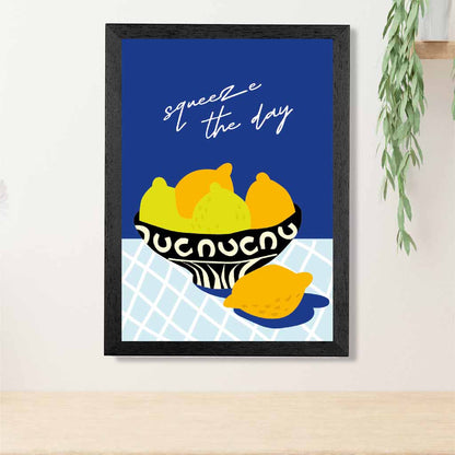 Modern Boho Blue, Yellow Squeeze the Day Kitchen Art Poster | Wall Art Plaza