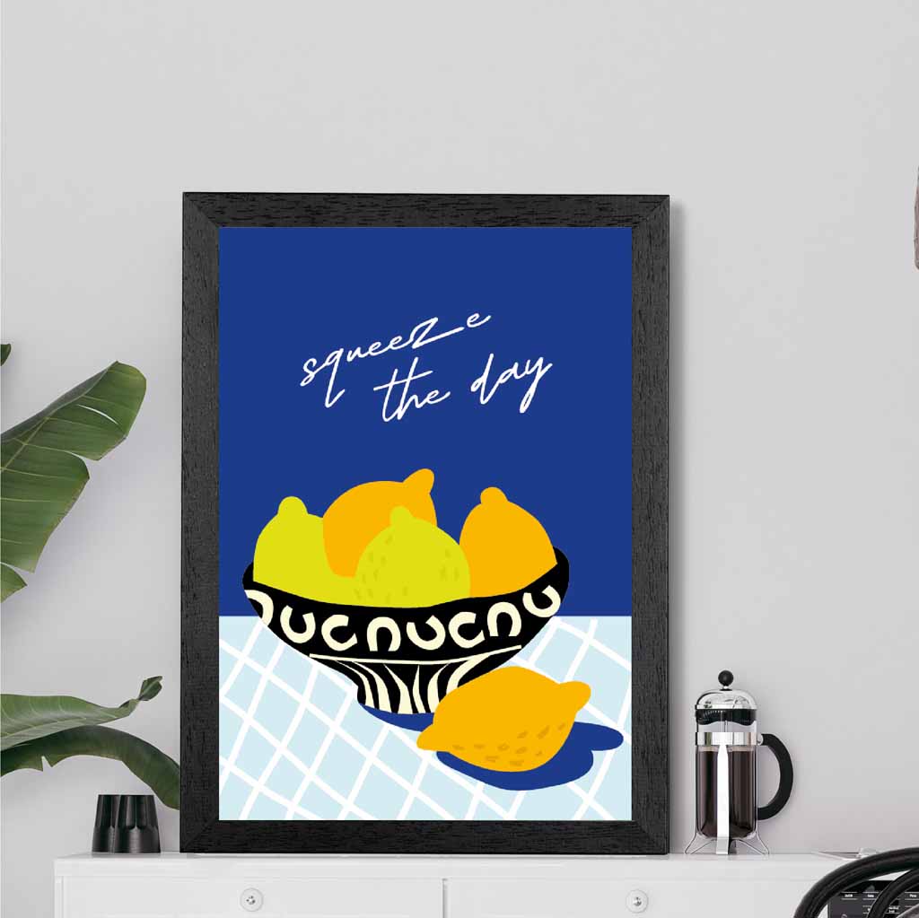 Modern Boho Blue, Yellow Squeeze the Day Kitchen Art Poster | Wall Art Plaza