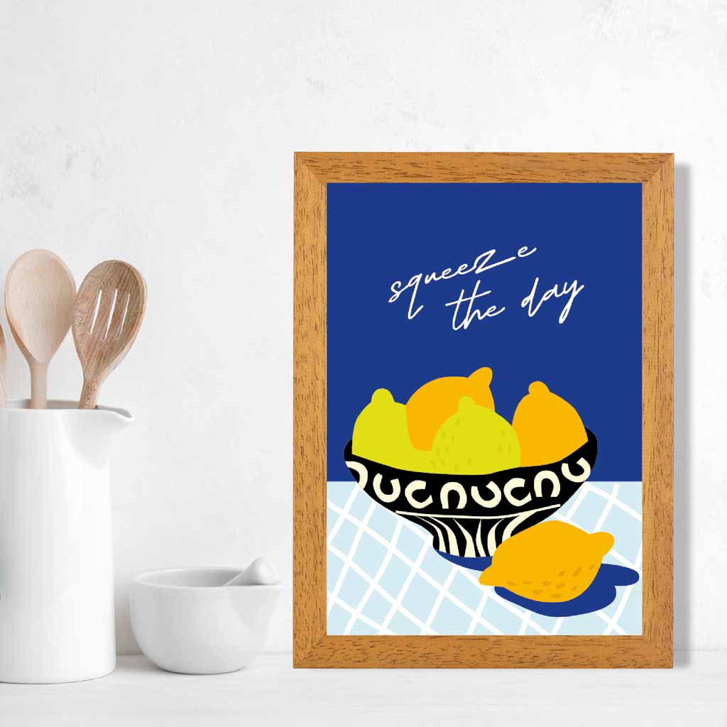 Modern Boho Blue, Yellow Squeeze the Day Kitchen Art Poster | Wall Art Plaza