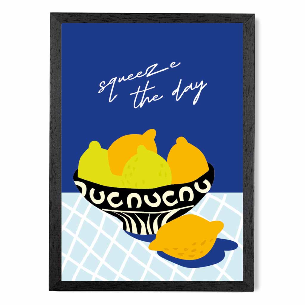 Modern Boho Blue, Yellow Squeeze the Day Kitchen Art Poster | Wall Art Plaza