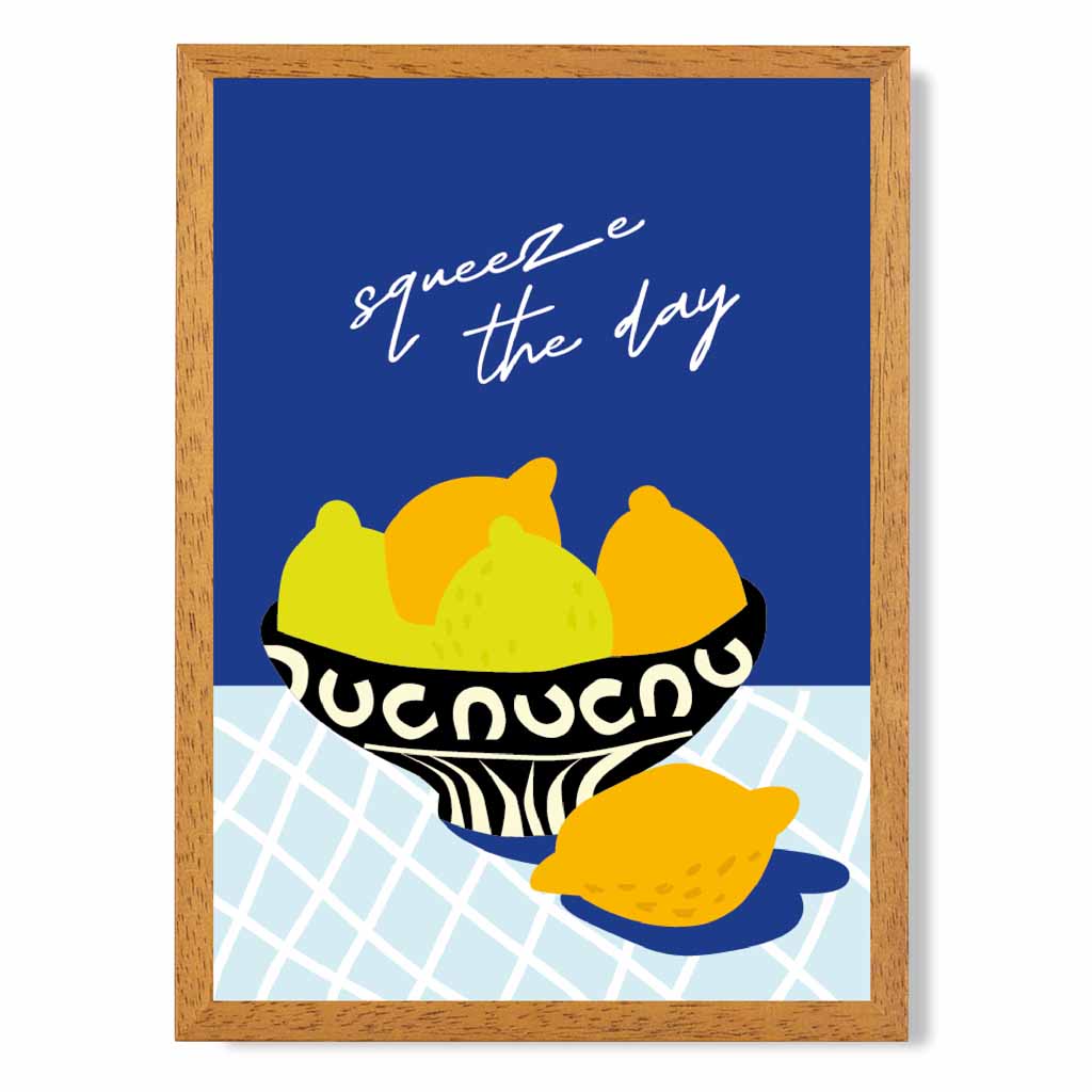 Modern Boho Blue, Yellow Squeeze the Day Kitchen Art Poster | Wall Art Plaza