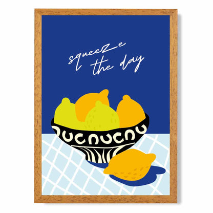 Modern Boho Blue, Yellow Squeeze the Day Kitchen Art Poster | Wall Art Plaza