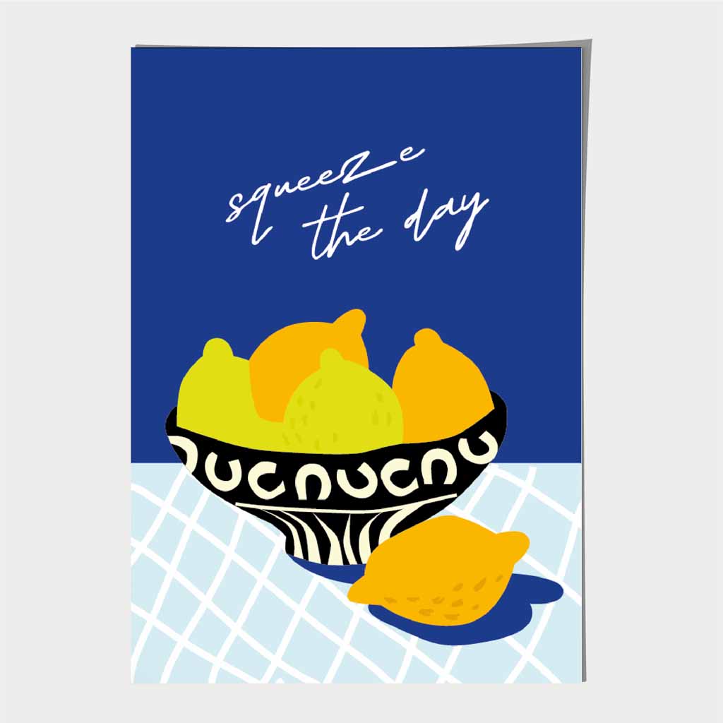 Modern Boho Blue, Yellow Squeeze the Day Kitchen Art Poster | Wall Art Plaza