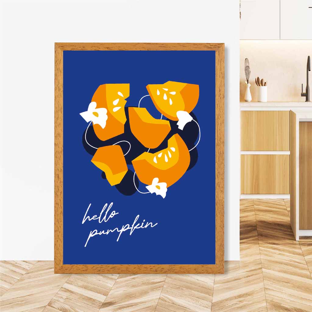 Boho Modern Blue, Orange Hello Pumpkin Kitchen Art Poster | Wall Art Plaza