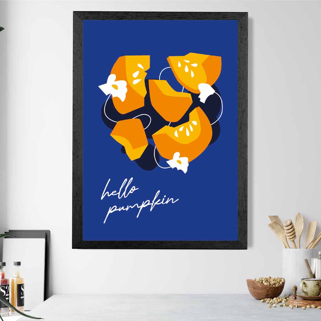 Boho Modern Blue, Orange Hello Pumpkin Kitchen Art Poster | Wall Art Plaza