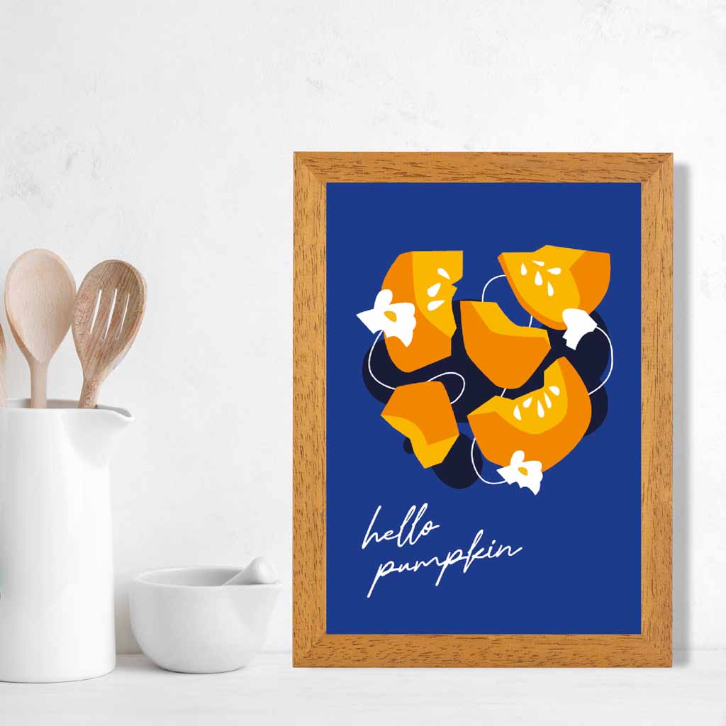 Boho Modern Blue, Orange Hello Pumpkin Kitchen Art Poster | Wall Art Plaza