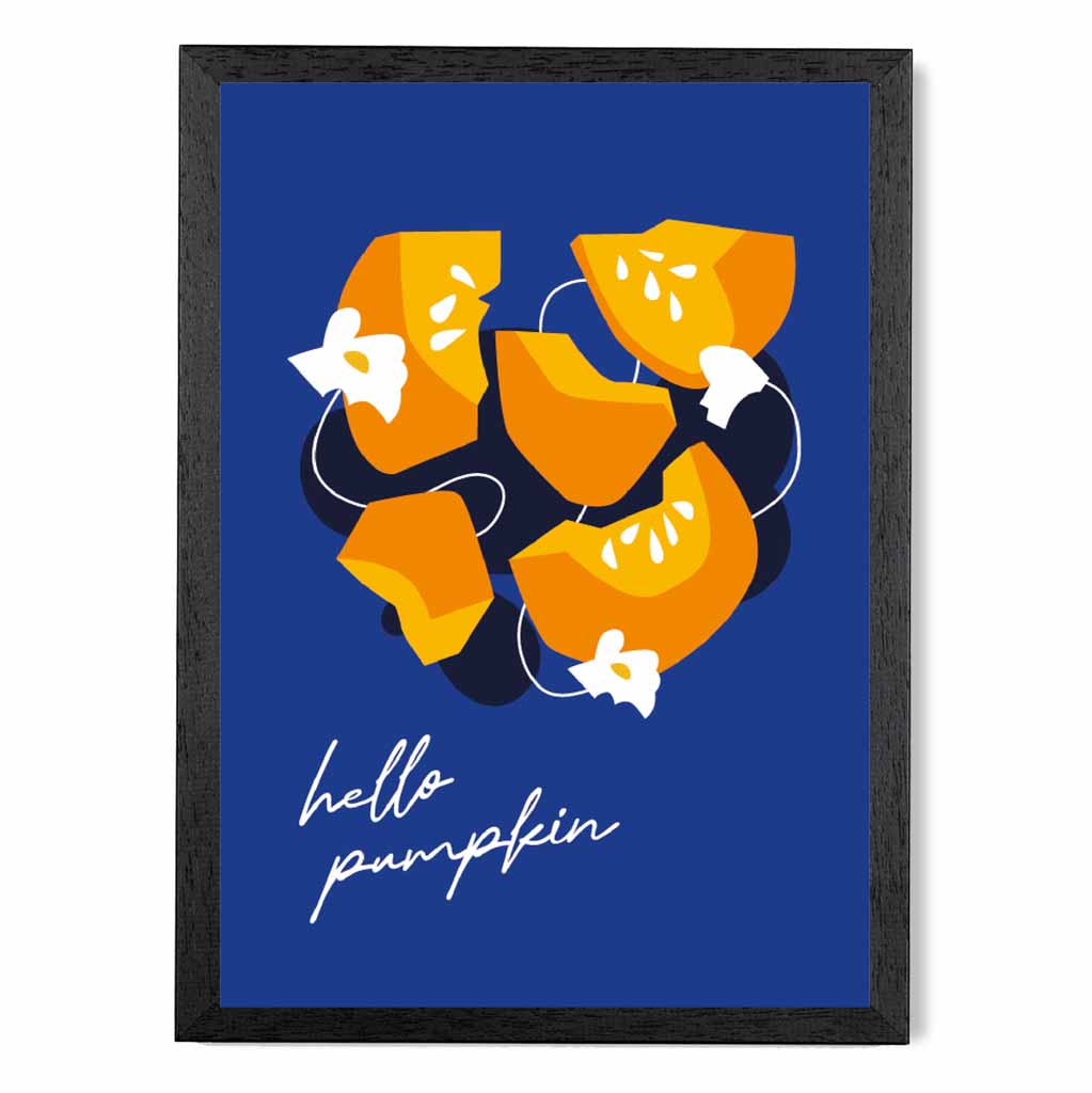 Boho Modern Blue, Orange Hello Pumpkin Kitchen Art Poster | Wall Art Plaza