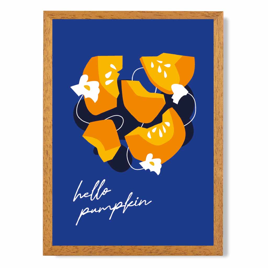 Boho Modern Blue, Orange Hello Pumpkin Kitchen Art Poster | Wall Art Plaza