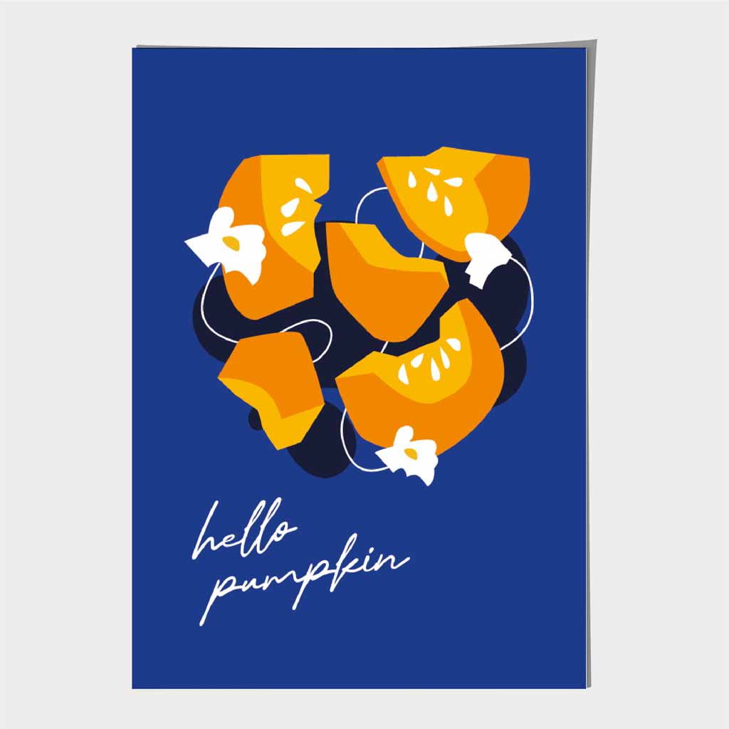Boho Modern Blue, Orange Hello Pumpkin Kitchen Art Poster | Wall Art Plaza