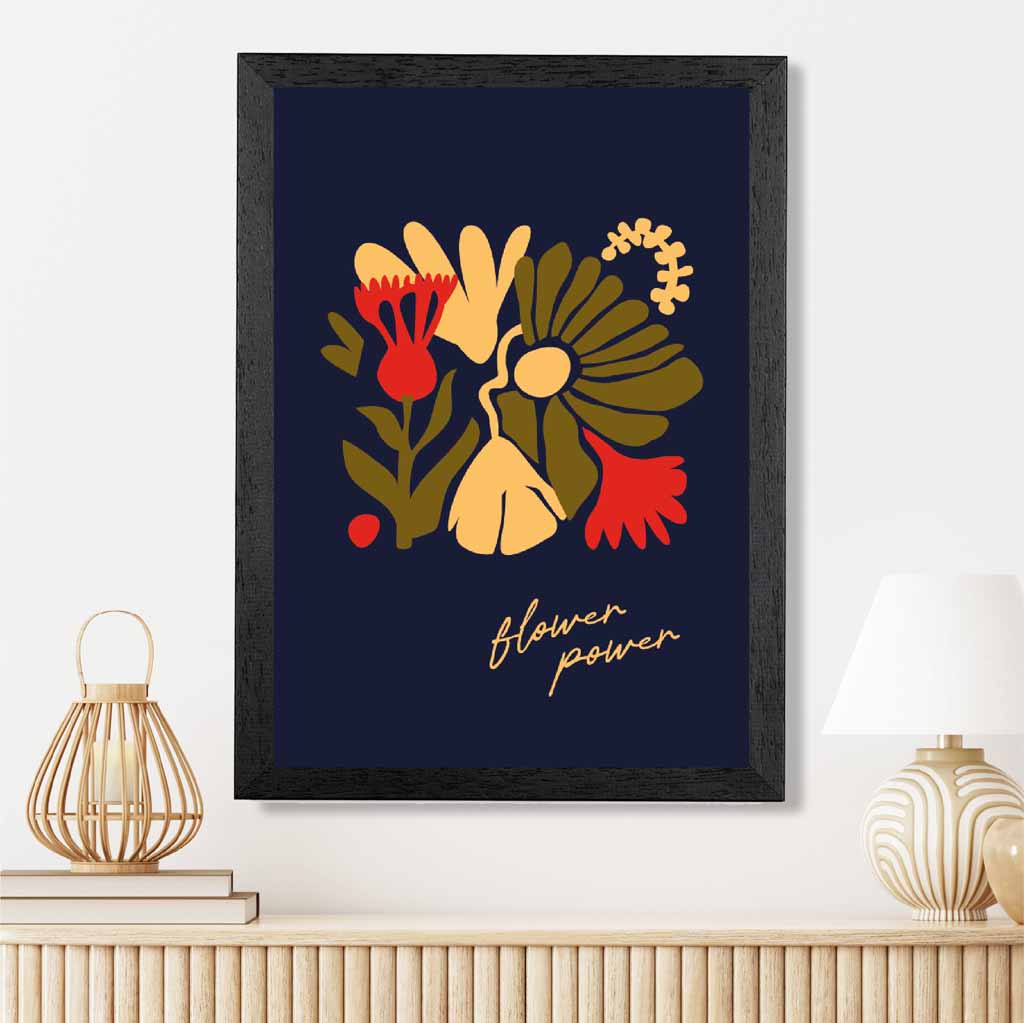 Modern Floral Black, Yellow Flower Power  Art Poster | Wall Art Plaza