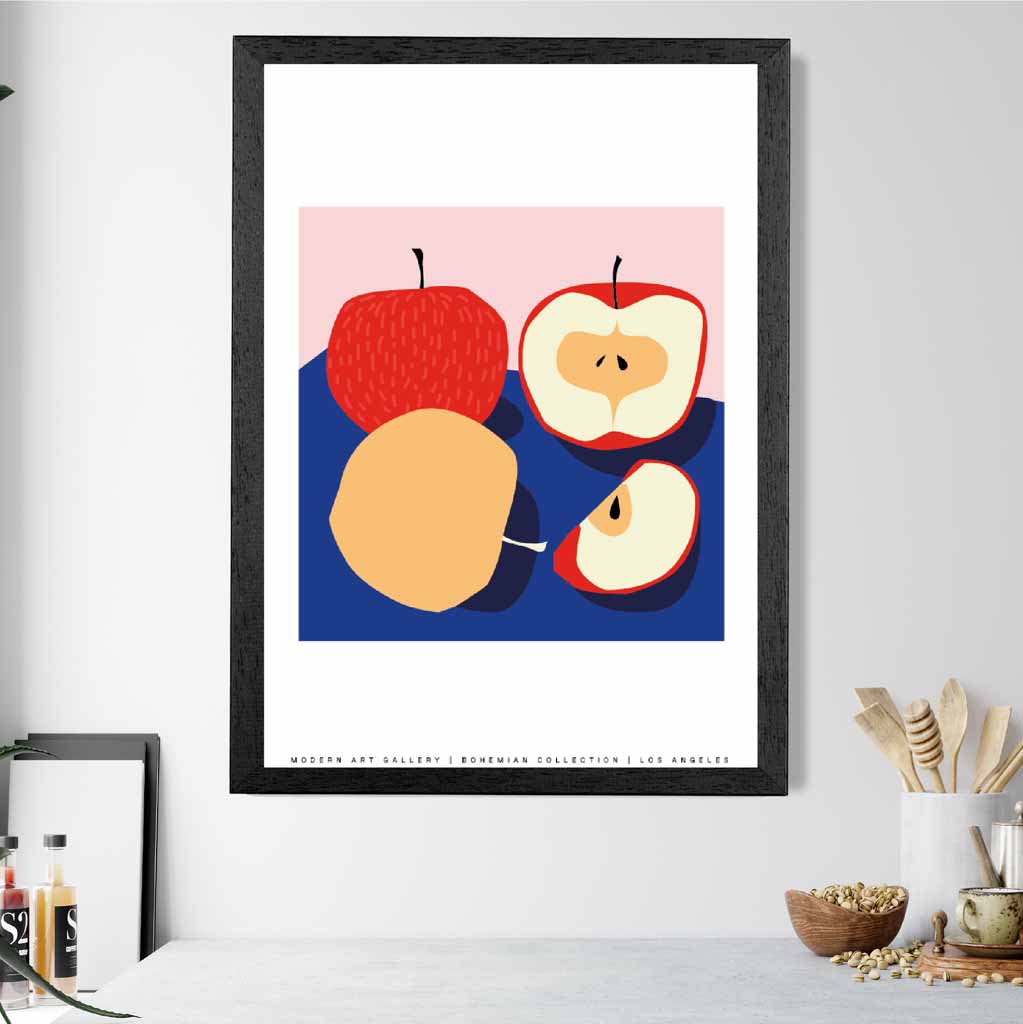 Modern Blue, Red Apples Kitchen Art Poster | Wall Art Plaza