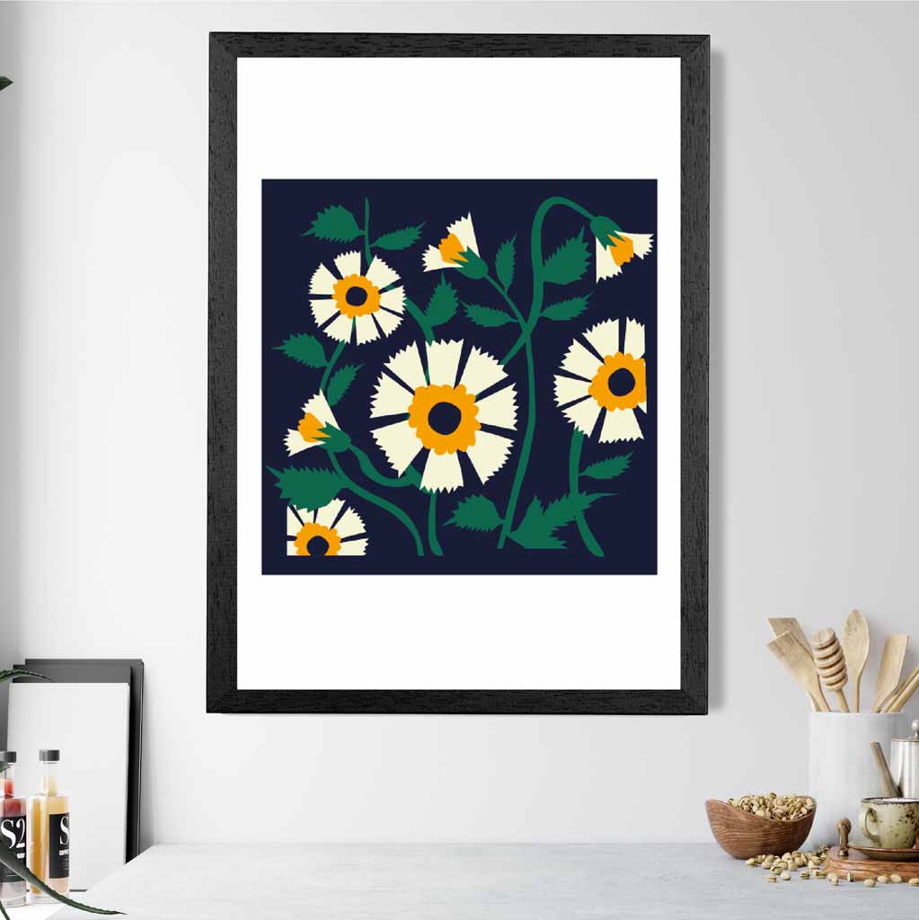 Modern Abstract Black, Yellow Flowers  Art Print | Wall Art Plaza