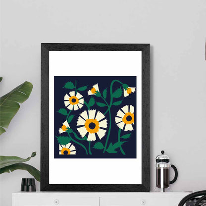 Modern Abstract Black, Yellow Flowers  Art Print | Wall Art Plaza