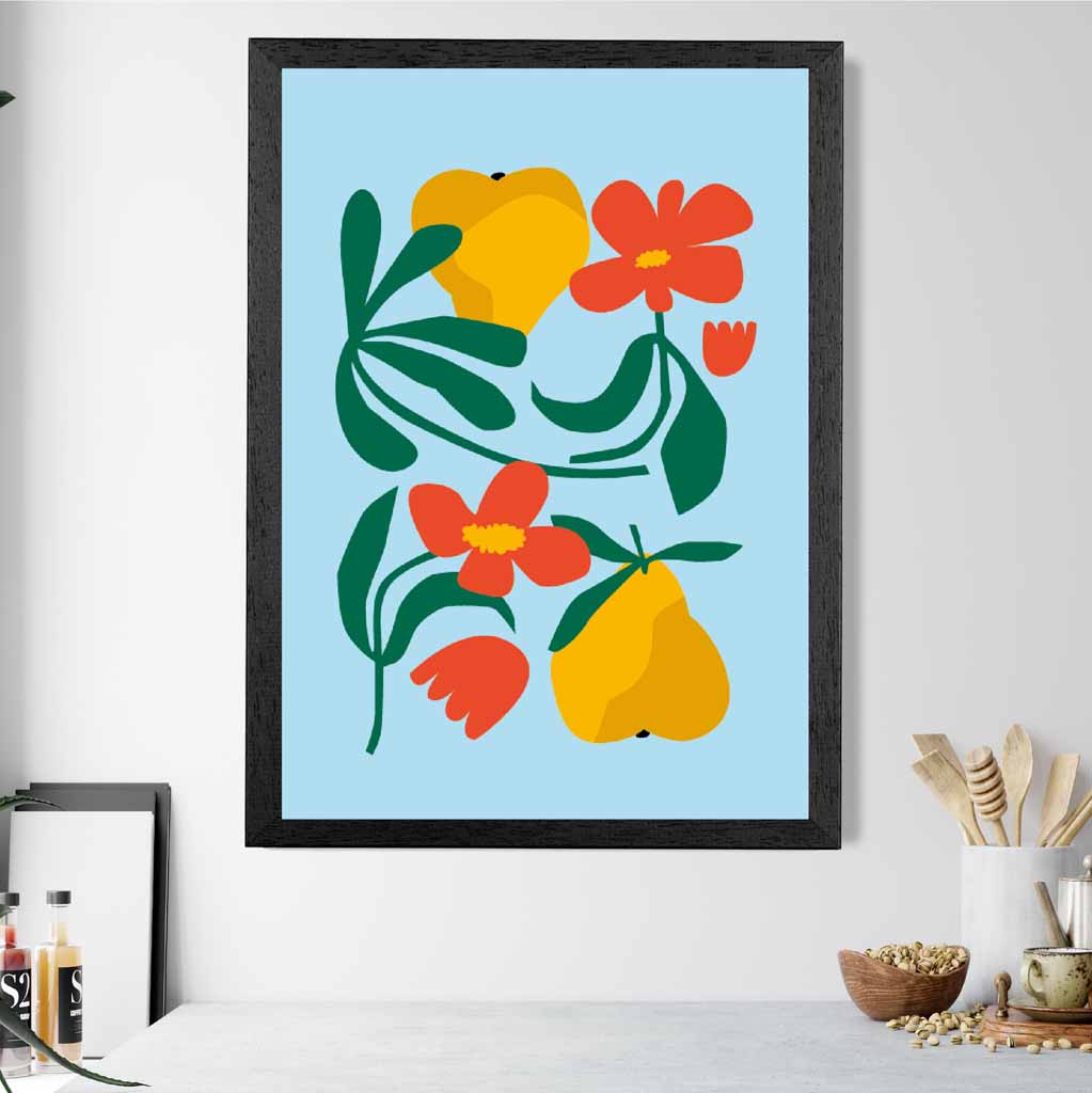 Modern Blue, Green Floral Pears Kitchen Art Print | Wall Art Plaza