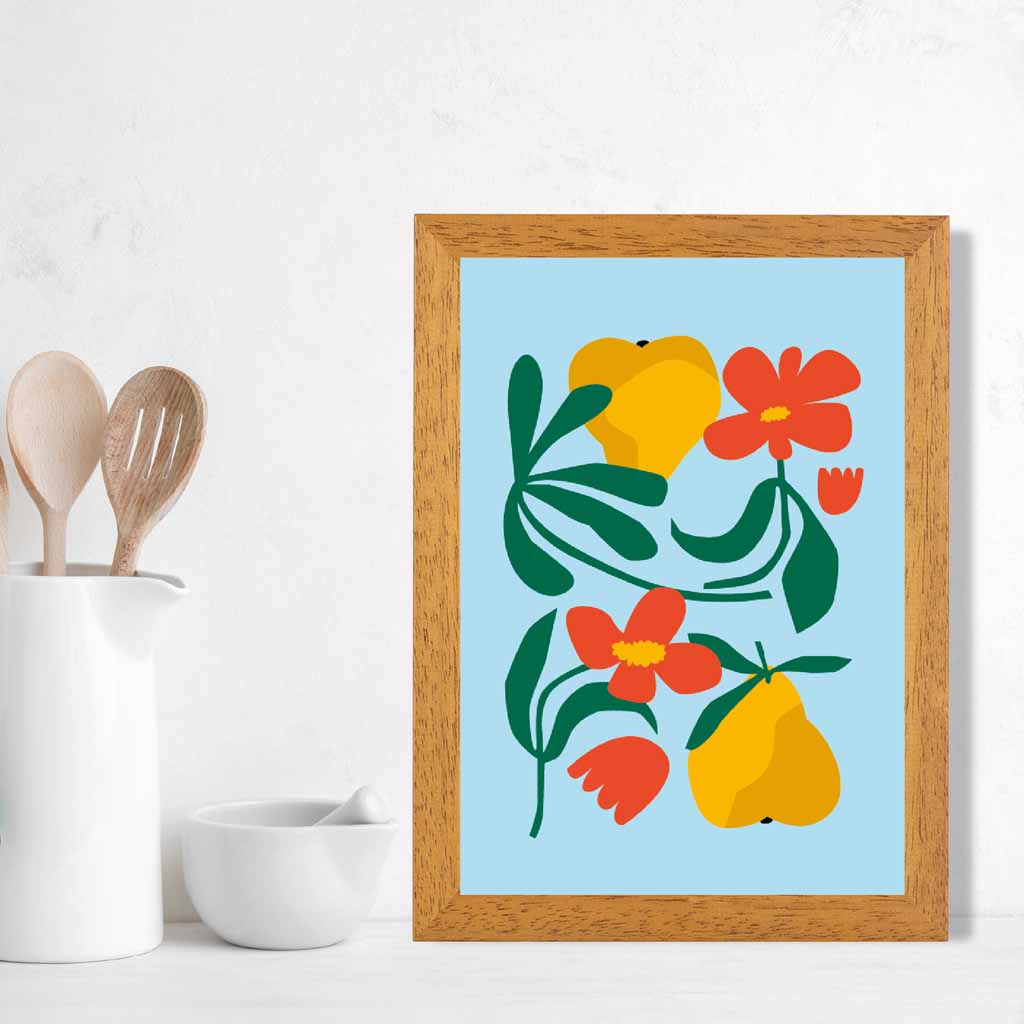 Modern Blue, Green Floral Pears Kitchen Art Print | Wall Art Plaza