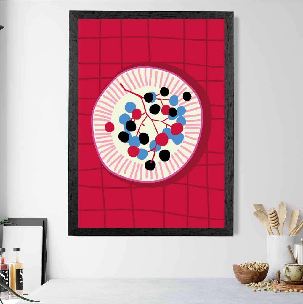 Modern Colourful Pink, Blue Cherries Kitchen Art Poster | Wall Art Plaza