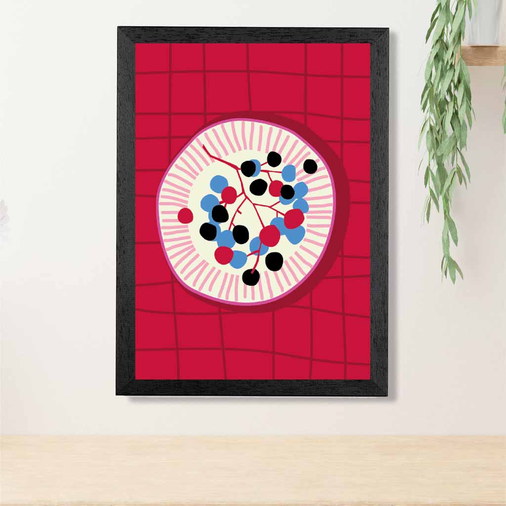 Modern Colourful Pink, Blue Cherries Kitchen Art Poster | Wall Art Plaza