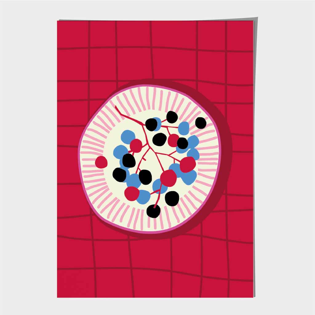 Modern Colourful Pink, Blue Cherries Kitchen Art Poster | Wall Art Plaza