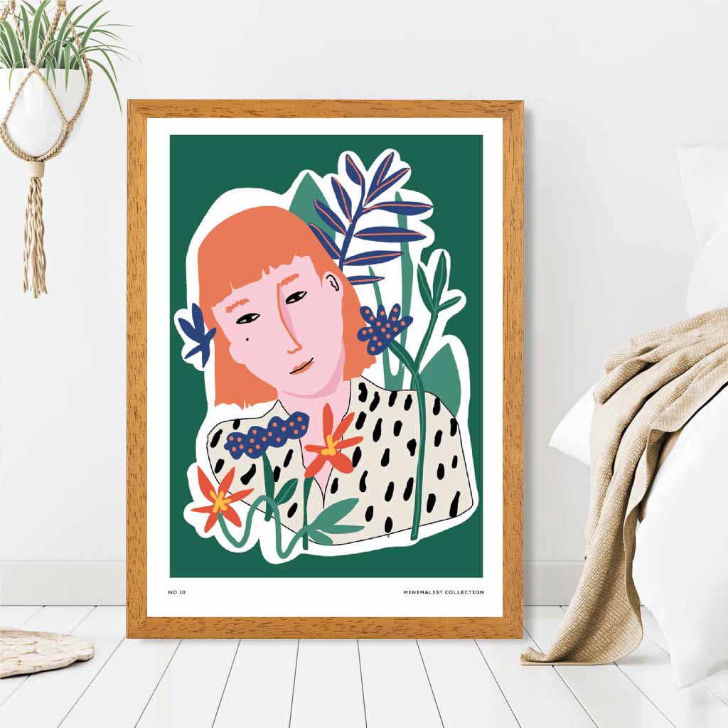 Modern Minimal Green, Colourful Girl in the Garden Art Print | Wall Art Plaza UK