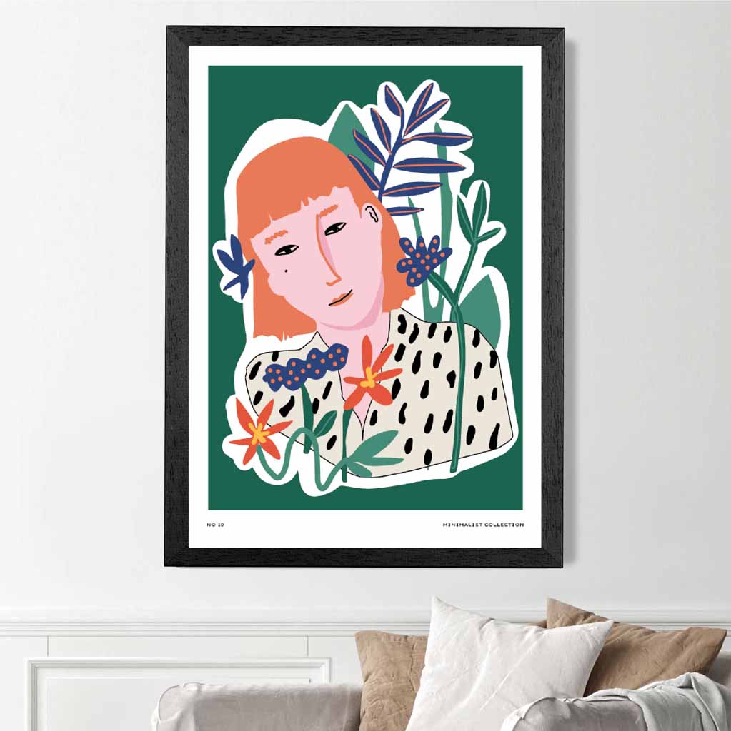 Modern Minimal Green, Colourful Girl in the Garden Art Print | Wall Art Plaza UK