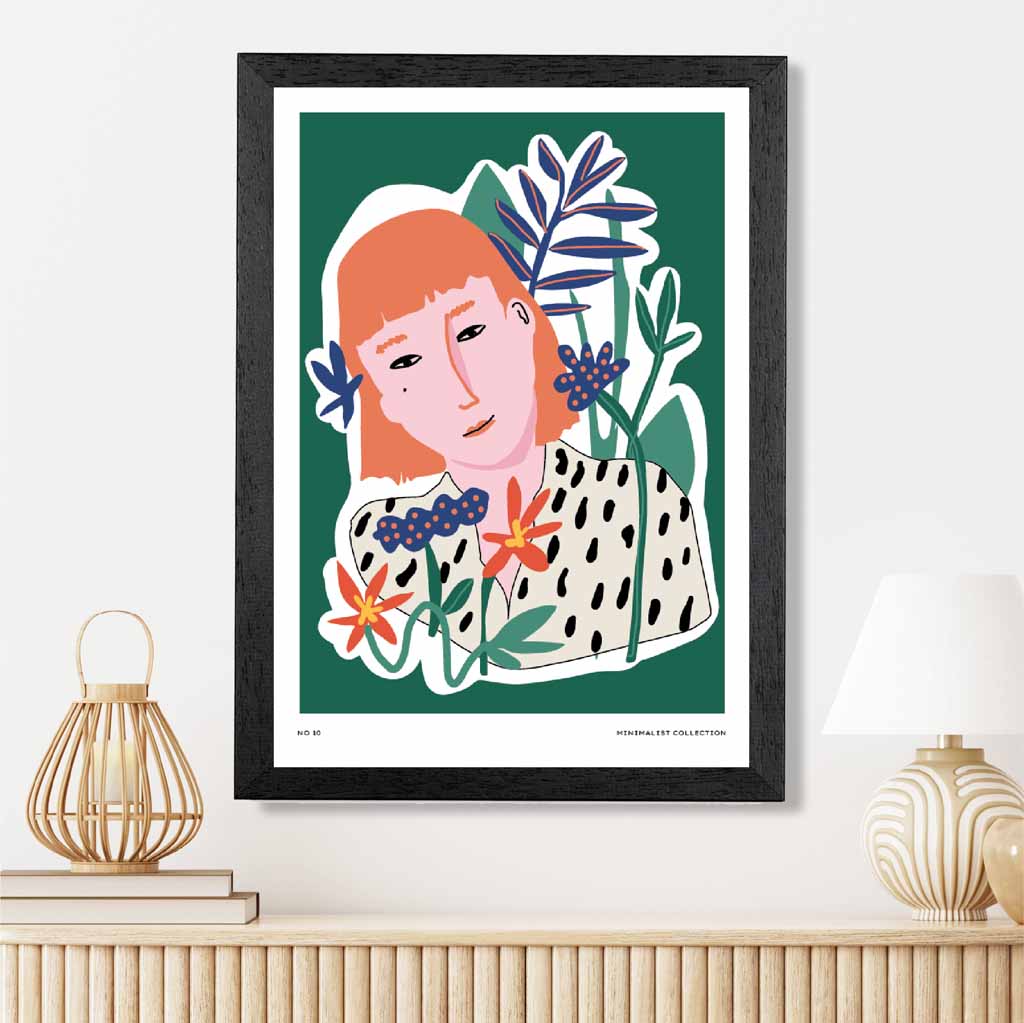 Modern Minimal Green, Colourful Girl in the Garden Art Print | Wall Art Plaza UK