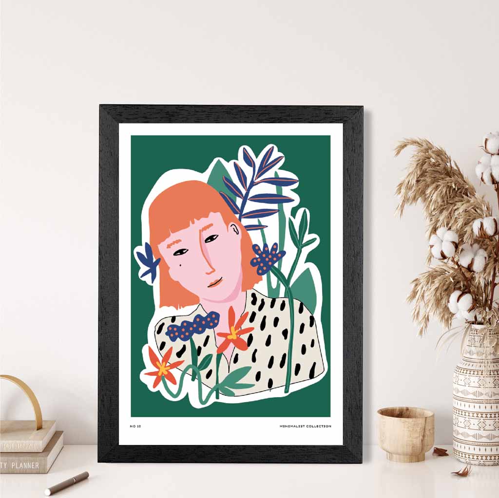 Modern Minimal Green, Colourful Girl in the Garden Art Print | Wall Art Plaza UK