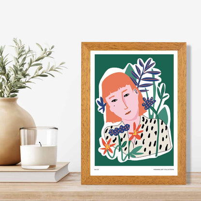 Modern Minimal Green, Colourful Girl in the Garden Art Print | Wall Art Plaza UK