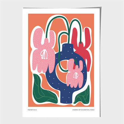 Modern Boho Orange, Pink Flower Exhibition Art Print | Wall Art Plaza UK