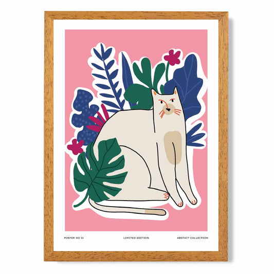 Abstract Modern Pink, Colourful Cat in the Garden Art Print | Wall Art Plaza UK